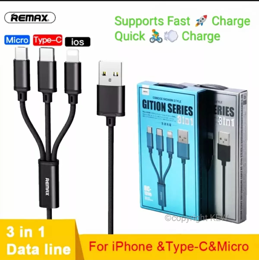 Remax 3 in 1 USB Fast / Quick Charger Cable for Android, IPhone, Micro USB, IOS and Type C