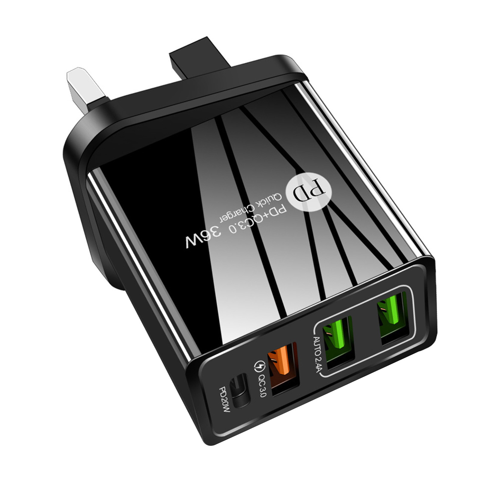 36W PD Quick Charger Fast Chargring Adapter with 3 USB Chargeing Port Travel Chargers Portable for Outdoor Trip Black UK Plug
