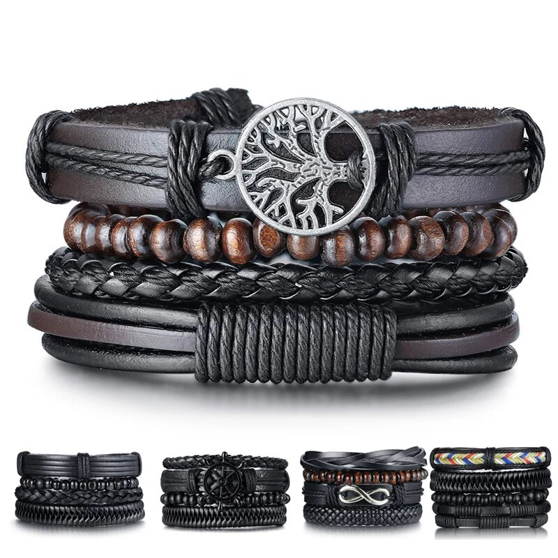 Black Leather Bracelet For Men Rollo Chain Bracelet Wristband Gift