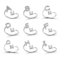 Alphabet Letters Stone Silver Rings for Women, CZ Adjustable Initial Letter Ring For Women Simple Elegant Jewelry Friendship Gift for Girls, Name Word Finger Ring for Party, Wedding, Dating, Festivals, Birthday