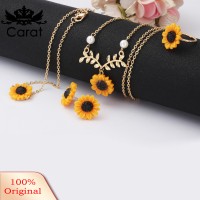 Carat 5Pcs/Set Fashion Sunflower Pendant Necklace Stud Earrings Ring Bracelet Jewelry