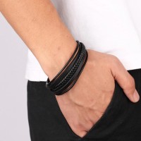 Multilayer Leather Bracelet Men Stainless Steel Top Quality Jewelry Male BlackBraided Fashion Punk