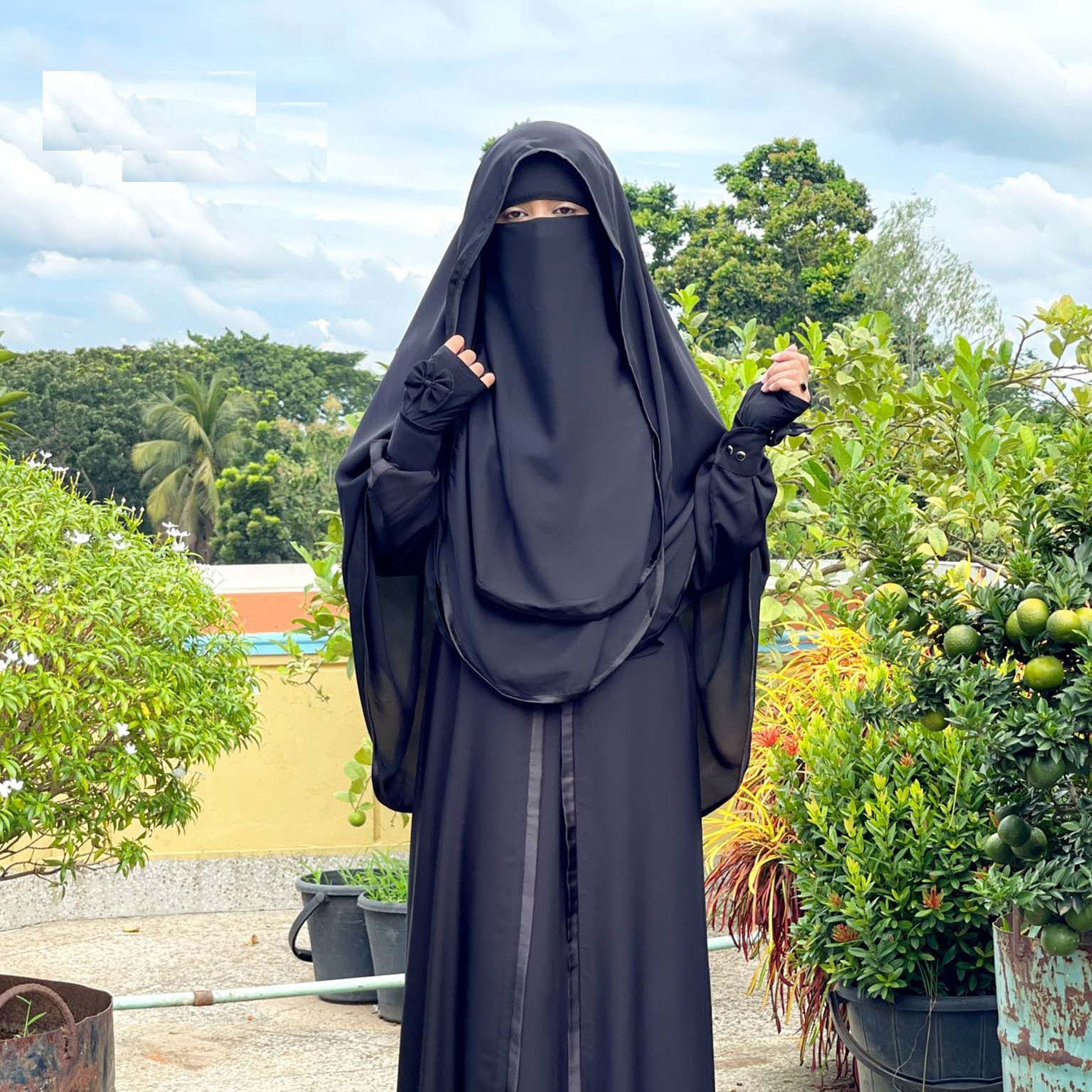 Muslim Wear 3 Layer Black Pipen Butterfly Hoodie Niqab Hijab For Women
