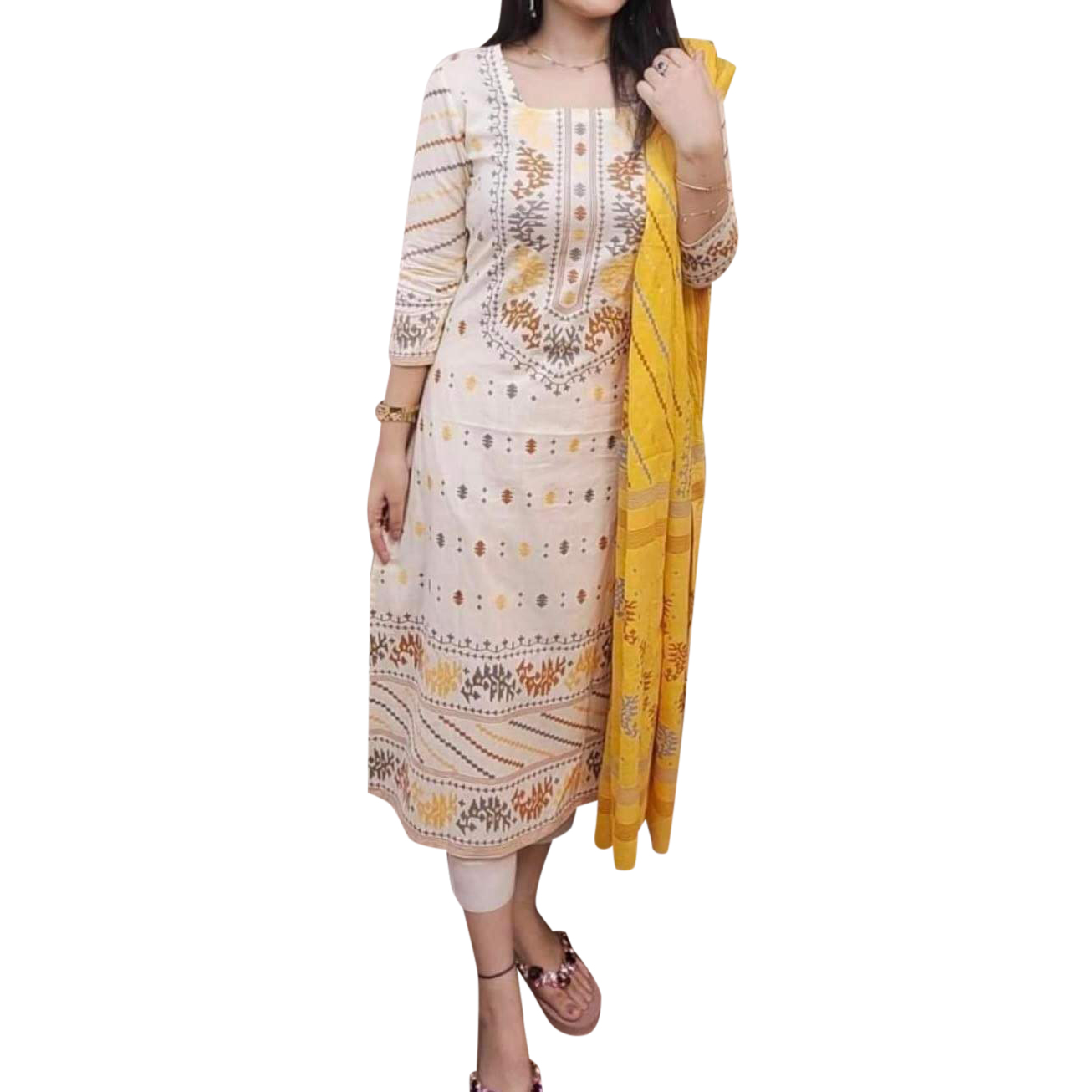 Yellow Color Cushion Cotton Unstitched Screen Print Three Pics for Woman